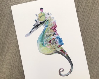 Sea Horse Birthday Card, Colourful Seahorse, 5”x 7” Greetings Card, UK Artist