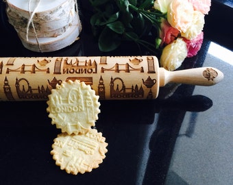 LONDON rolling pin, embossing rolling pin, engraved rolling pin by laser, city