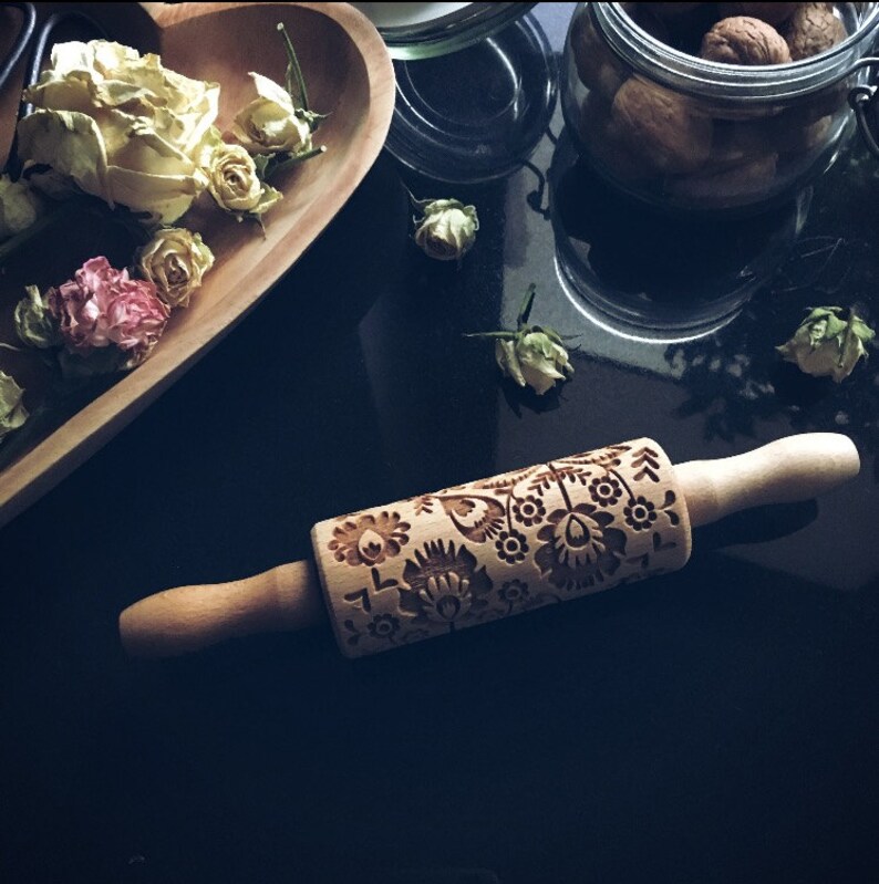 FOLK FLOWERS SMALL rolling pin, embossing rolling pin, engraved rolling pin by laser, flowers, spring