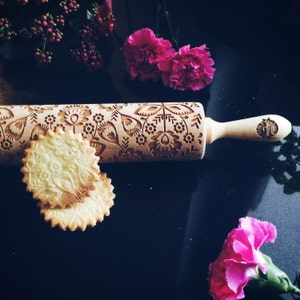 FOLK FLOWERS rolling pin, embossing rolling pin, engraved rolling pin by laser