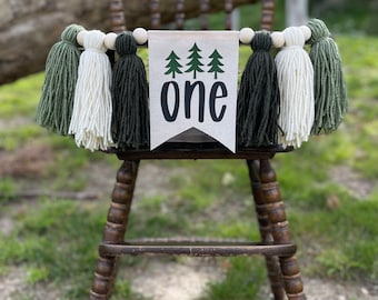 ONE HAPPY CAMPER Highchair Banner, Camping High Chair Banner, First Birthday Banner, Wild One Highchair Banner, Yarn Tassel Banner