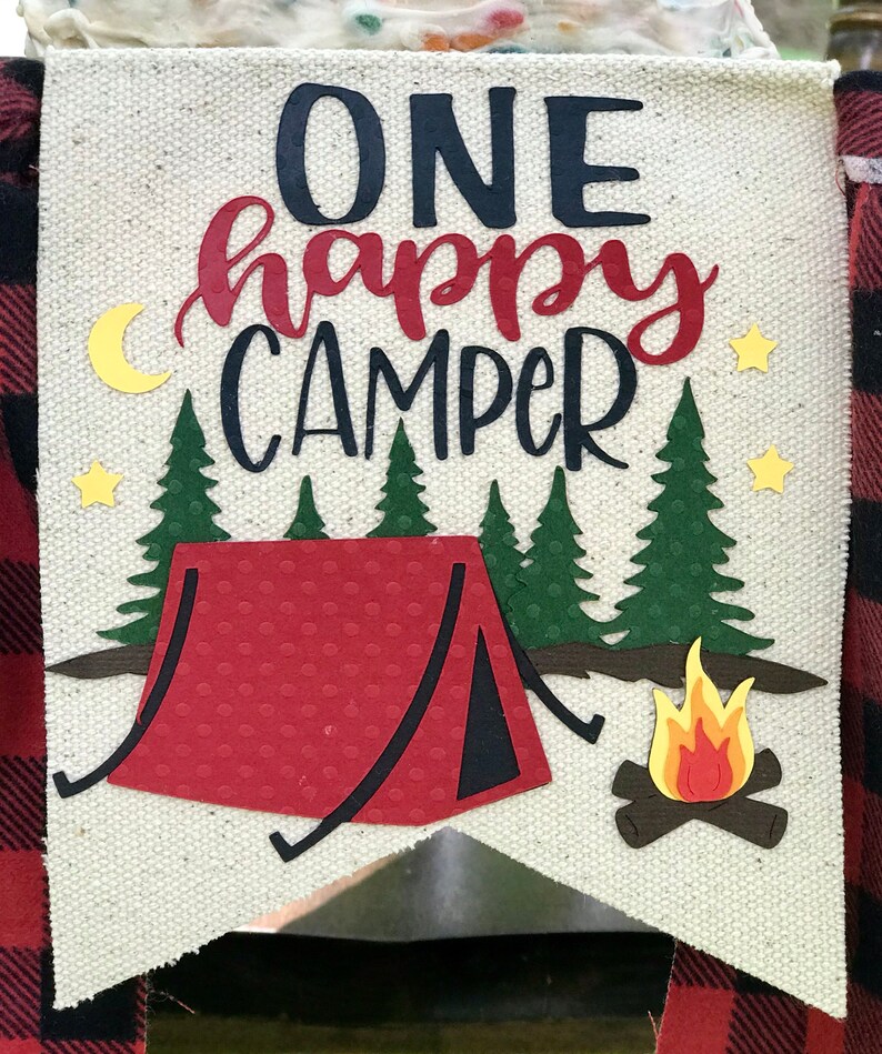 ONE HAPPY CAMPER Highchair Banner, Camping High Chair Banner, Wild One Banner, Woodland Banner, Lumberjack Banner, Buffalo Plaid Highchair Center Flag Only