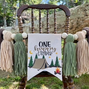 ONE HAPPY CAMPER Highchair Banner, Camping High Chair Banner, First Birthday Banner, Wild One Highchair Banner, Yarn Tassel Banner
