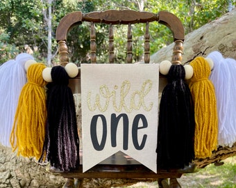 Wild One Highchair Banner, Safari High Chair Banner, First Birthday Banner, Yarn Tassel Banner