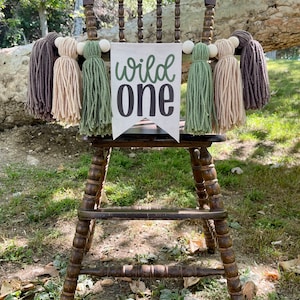 Wild One Highchair Banner, Safari High Chair Banner, First Birthday Banner, Yarn Tassel Banner image 2