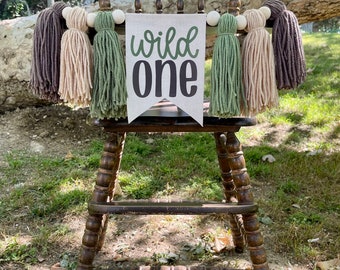 Wild One Highchair Banner, Safari High Chair Banner, First Birthday Banner, Yarn Tassel Banner