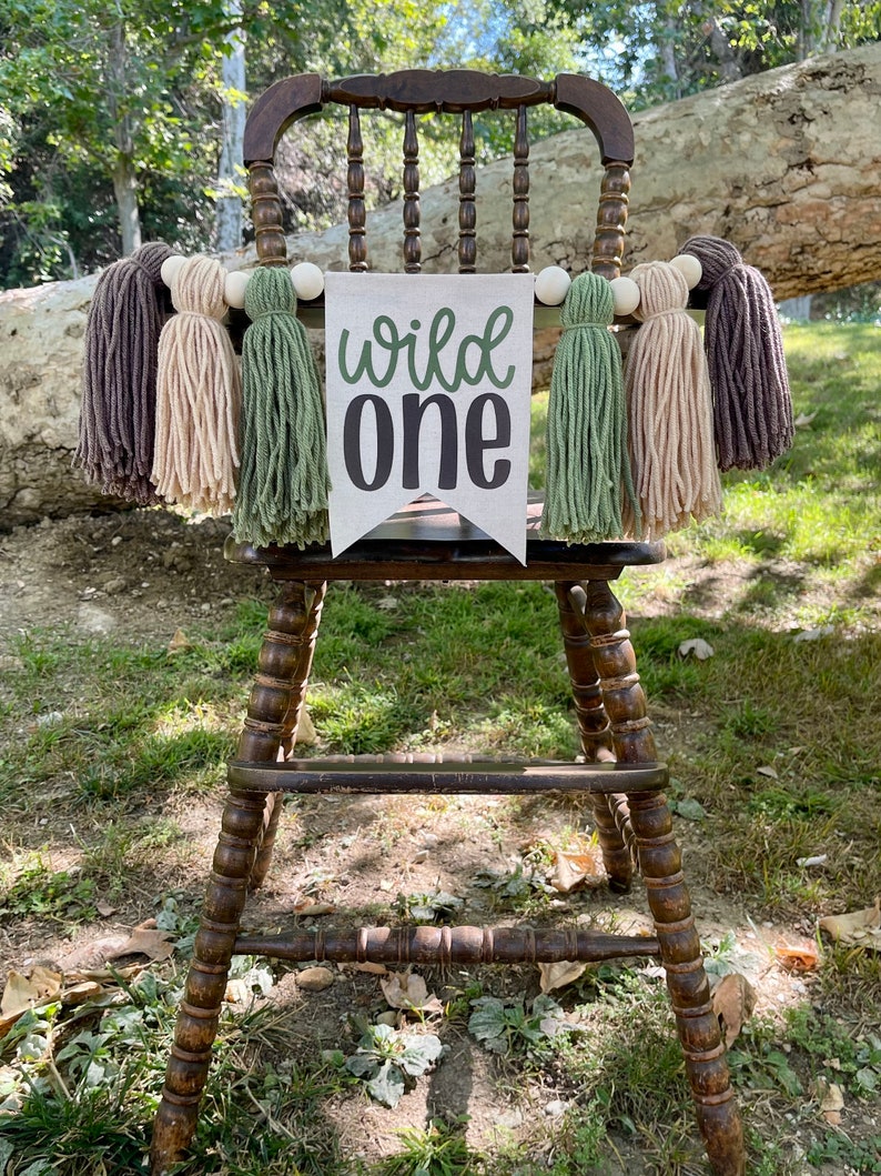 Wild One Highchair Banner, Safari High Chair Banner, First Birthday Banner, Yarn Tassel Banner image 2