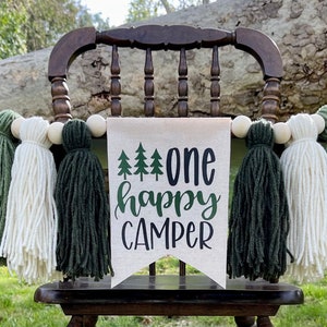 ONE HAPPY CAMPER Highchair Banner, Camping High Chair Banner, First Birthday Banner, Wild One Highchair Banner, Yarn Tassel Banner