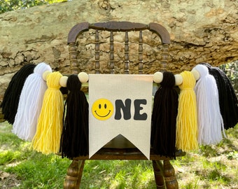 One Happy Dude Highchair Banner, Happy Face High Chair Banner, First Birthday Banner, Tassel Highchair Banner, Customizable colors