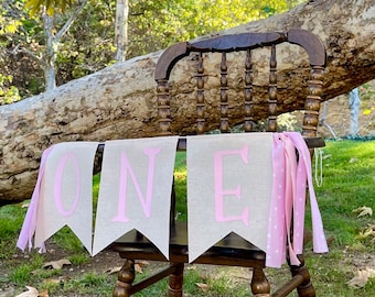 Pink First Birthday Highchair Banner, First Birthday Girl, ONE High Chair Banner, ONE Birthday Banner