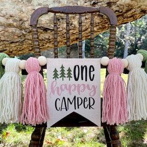 ONE HAPPY CAMPER Highchair Banner, Camping High Chair Banner, First Birthday Banner, Wild One Highchair Banner, Yarn Tassel Banner