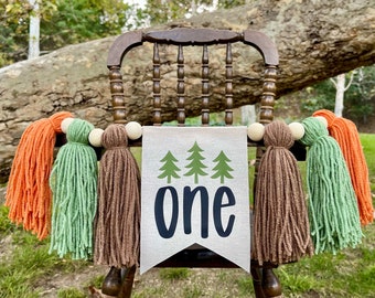 ONE HAPPY CAMPER Highchair Banner, Camping High Chair Banner, First Birthday Banner, Wild One Highchair Banner, Yarn Tassel Banner