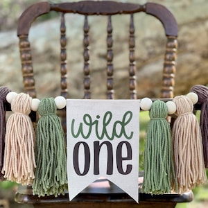 Wild One Highchair Banner, Safari High Chair Banner, First Birthday Banner, Yarn Tassel Banner
