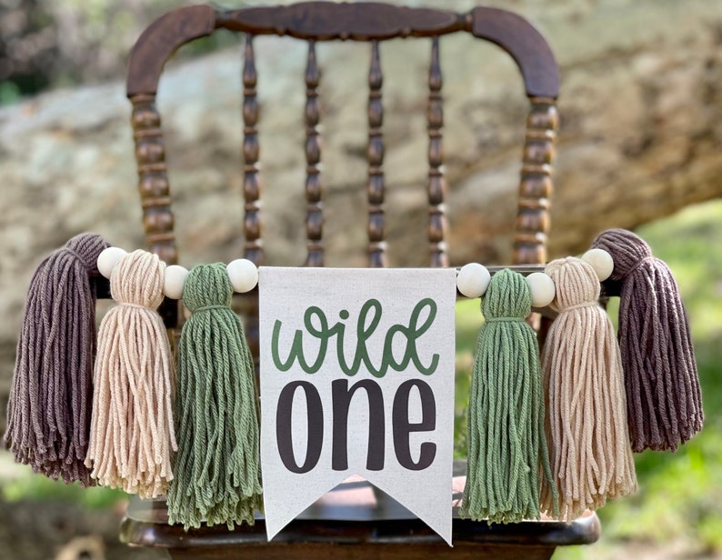 Wild One Highchair Banner, Safari High Chair Banner, First Birthday Banner, Yarn Tassel Banner image 1