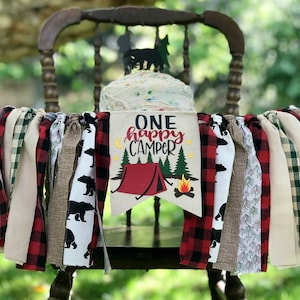 ONE HAPPY CAMPER Highchair Banner, Camping High Chair Banner, Wild One Banner, Woodland Banner, Lumberjack Banner, Buffalo Plaid Highchair Highchair Banner