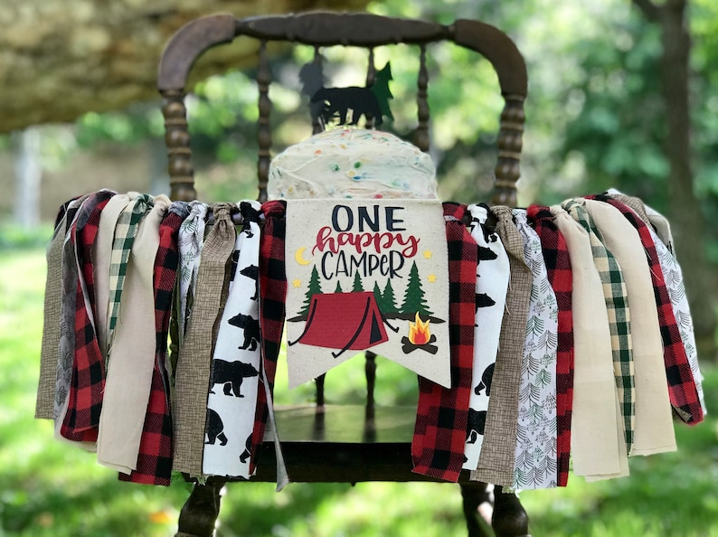 ONE HAPPY CAMPER Highchair Banner, Camping High Chair Banner, Wild One Banner, Woodland Banner, Lumberjack Banner, Buffalo Plaid Highchair Highchair Banner