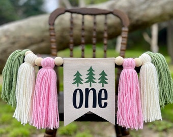 ONE HAPPY CAMPER Highchair Banner, Camping High Chair Banner, First Birthday Banner, Wild One Highchair Banner, Yarn Tassel Banner