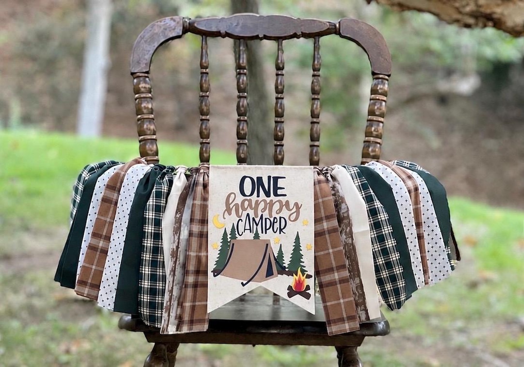 One Happy Camper Hochstuhl-Banner – Camping-Motto 1. Geburtstag, Wild One Deko, 198 X 23 Cm, Leinwand & Stoff, Handgefertigt, Für Jungen Camping Geburtstag Deko