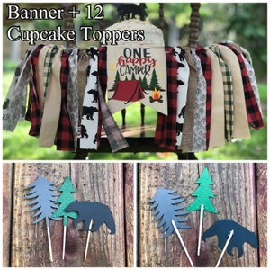 ONE HAPPY CAMPER Highchair Banner, Camping High Chair Banner, Wild One Banner, Woodland Banner, Lumberjack Banner, Buffalo Plaid Highchair Banner+ 12 Toppers