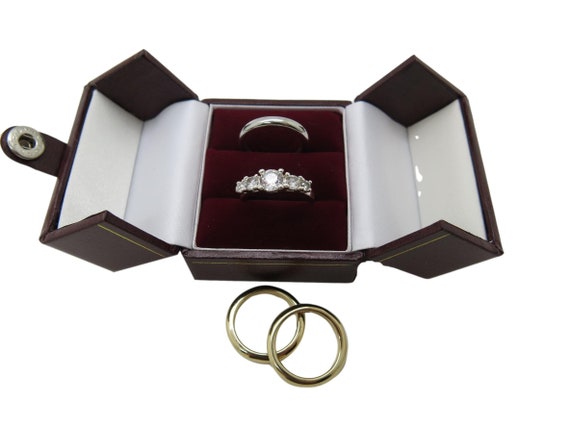 Double Ring Box Bride & Groom Burgundy Wedding Ring Bearer Box