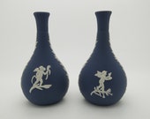 Pair Of Wedgwood Jasper Bud Vases - Rare Portland Blue Jasperware - Made In England