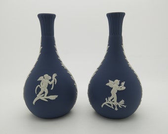 Pair Of Wedgwood Jasper Bud Vases - Rare Portland Blue Jasperware - Made In England