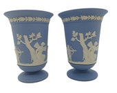 Pair Of Wedgwood Jasperware Spill Vases - Psyche Bound By Cupid - Blue Jasper - Made In England