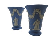 Pair Wedgwood Jasperware Muses Vases - Lions Heads With Swags - Blue Jasper - Made In England
