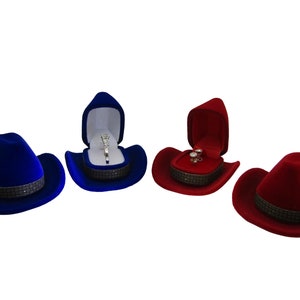 Velvet Cowboy Hat Ring Gift Box Case, Stud Earrings Jewellery Etc - Blue Red