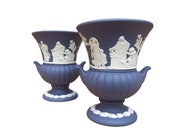 Pair of Wedgwood Jasper Urn Vases - Portland Blue Jasperware - Made In England