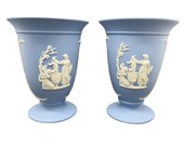 Pair Of Wedgwood Jasper Achilles Vases - Blue Jasperware - First Quality - Made In England