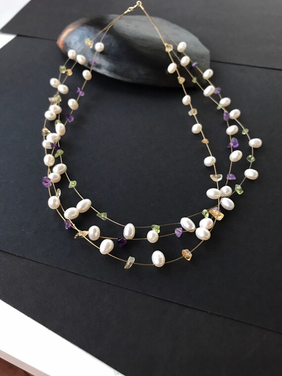 Solid 14k yellow gold wire necklace 17 long multi stone Etsy