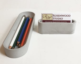 Desk Set, Concrete Business Card with Pencil/Pen Holder