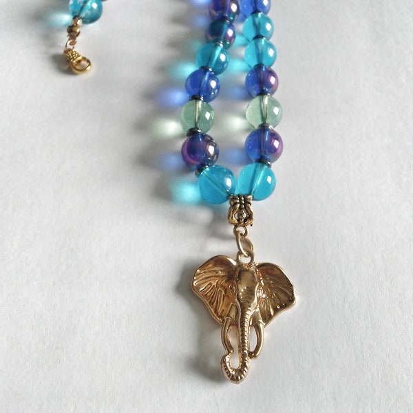 Blue and Purple Elephant Beaded Necklace - Safari Combination Bead Necklace - Luminescent Blue and Purple Gold Elephant Necklace