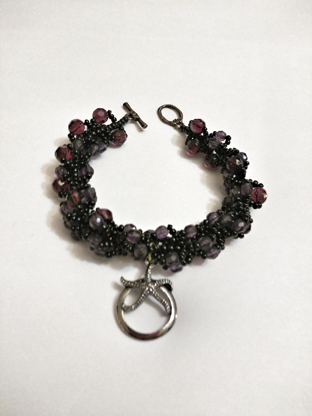 Black Beadwork Bracelet Black and Purple Seed Bead Patterned Bracelet ...