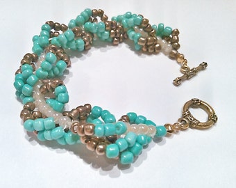 Teal, Gold and Pearl Seed Bead Patterned Bracelet - Turquoise and Gold Spiral Rope Design - Teal Helix Bracelet