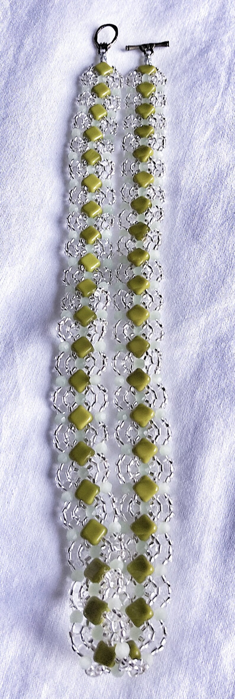 Green and Clear Beadwoven Flat Necklace Jade and Lime Green Tile Seed Bead Patterned Necklace Green Toned Tile Beadwork Necklace