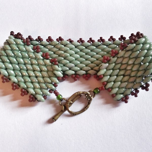 Green and Brown Twin Seed Bead Bracelet - Jade Green and Brown Toned Herringbone Ribbon Patterned Bracelet - Earthy Toned Beaded Bracelet