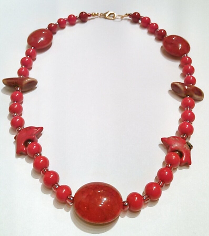 Girl's Red Dolphin Beaded Necklace Combination Bead Necklace Fancy Red Dolphin Necklace image 1