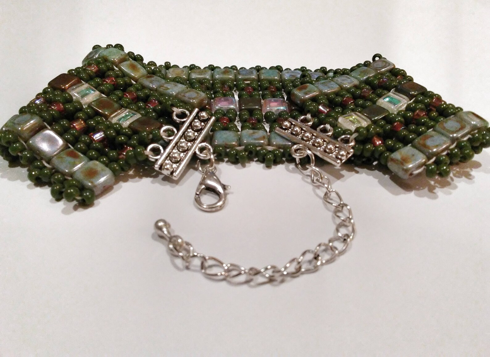 Wide Olive Green and Copper Bracelet Green and Brown Tile Etsy