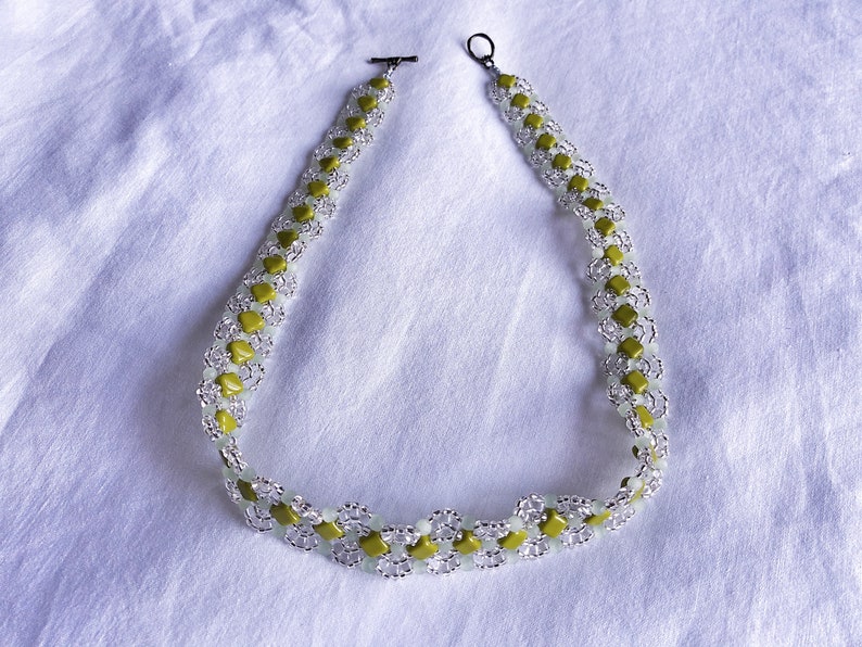 Green and Clear Beadwoven Flat Necklace Jade and Lime Green Tile Seed Bead Patterned Necklace Green Toned Tile Beadwork Necklace