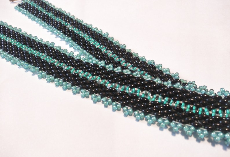 Black and Teal Superduo Twin Seed Bead Necklace Black and Teal Herringbone Ribbon Pattern Necklace-Teal and Black Elegant Bead Necklace