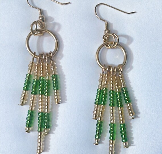 Emerald Green And Gold Seed Bead Chandelier Earrings Image 0