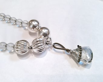 Silver and Black Beaded Necklace - Crystal Charm Necklace - Black and Crystal Statement Necklace - Frosty White and Silver Necklace