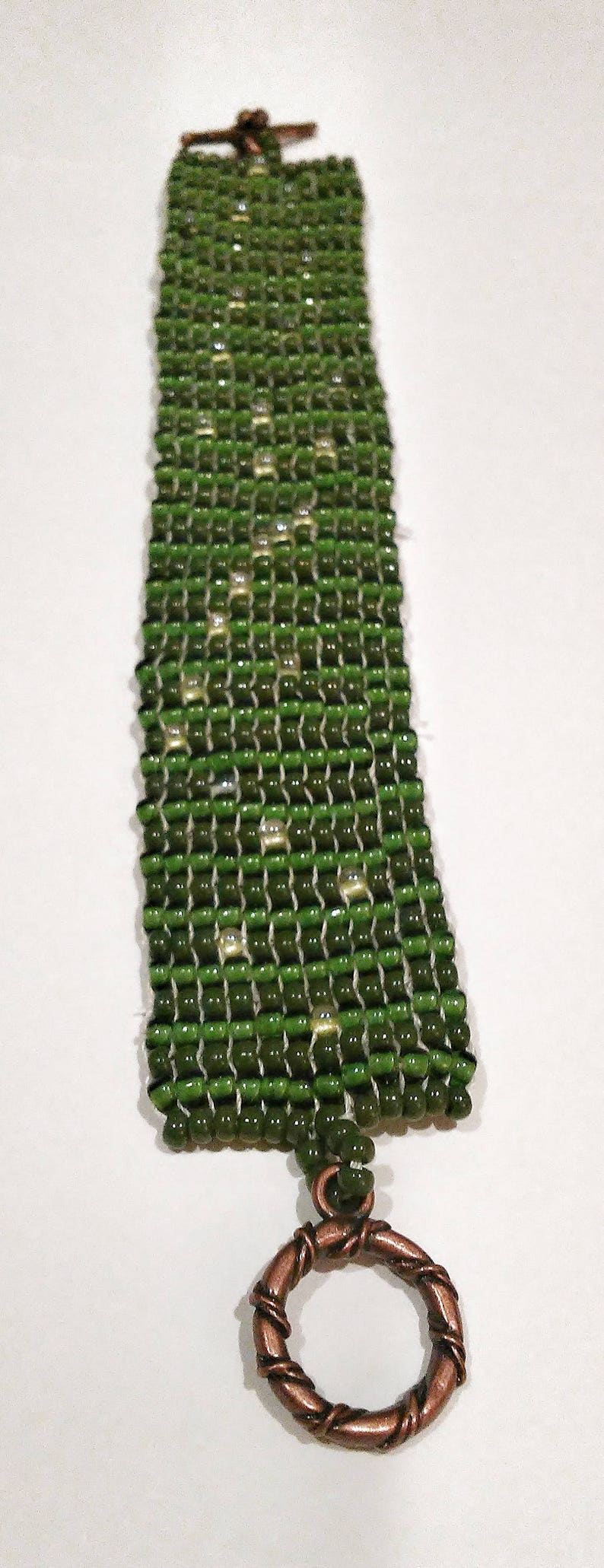 Green Seed Bead Bracelet Olive and Yellow Herringbone Ribbon Etsy