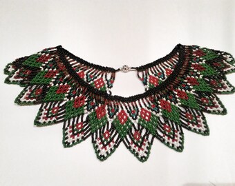 Black, Green and Wine Panamanian Style Necklace - Dark Toned Collar Bib Necklace - Evergreen and Burgundy Chaquira Style Beaded Necklace