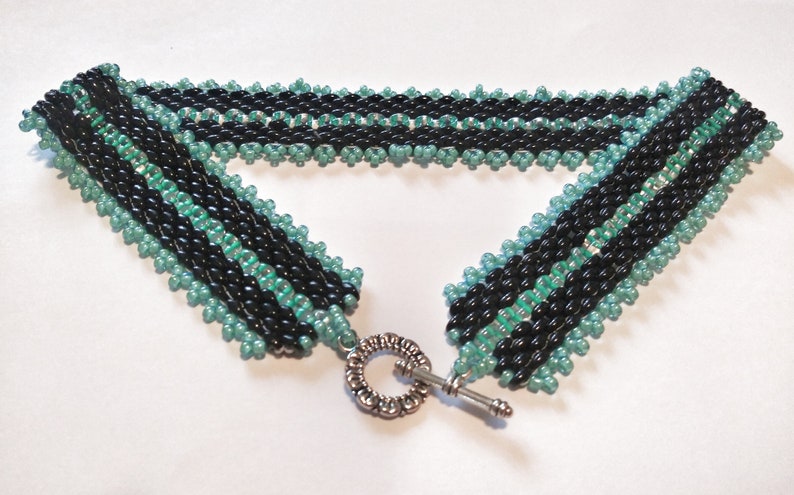 Black and Teal Superduo Twin Seed Bead Necklace Black and Teal Herringbone Ribbon Pattern Necklace-Teal and Black Elegant Bead Necklace