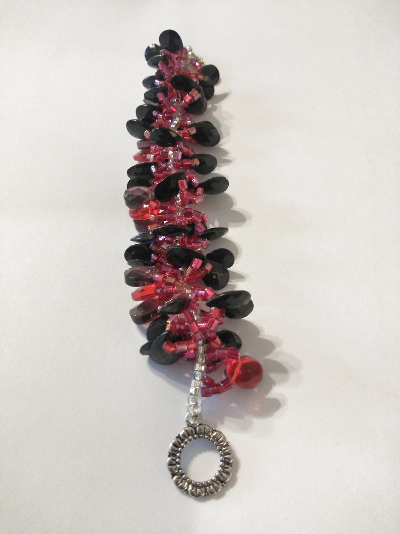 Pink and Black Seed Bead Patterned Bracelet Luminescent Pink Spiral Rope Design Helix Bracelet Black, Red and Pink Teardrop Bracelet image 5