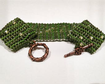 Green Seed Bead Bracelet - Olive and Yellow Herringbone Ribbon Patterned Bracelet - Green Checkered Beaded Bracelet