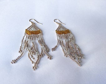 Gold and Silver Seed Bead Chandelier Earrings - Golden Seed Bead Dangle Earrings - Long Gold and Silver Earrings